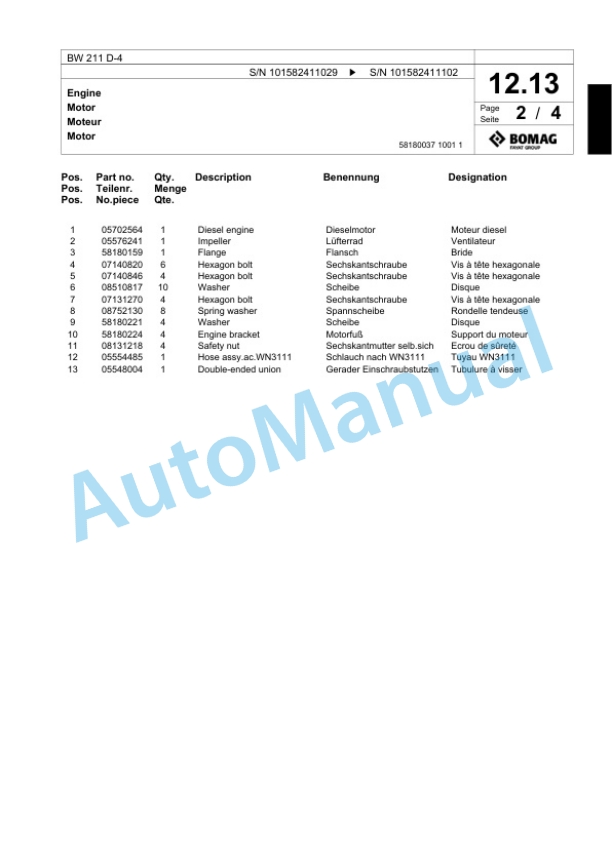Bomag BW 211 D-4 Single Drum Wheel Drive Vibratory Roller Spare Parts Catalogue 00817771-2