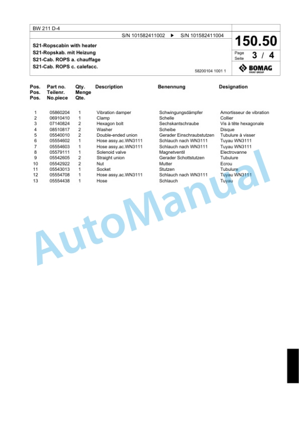 Bomag BW 211 D-4 Single Drum Wheel Drive Vibratory Roller Spare Parts Catalogue 00817771-5