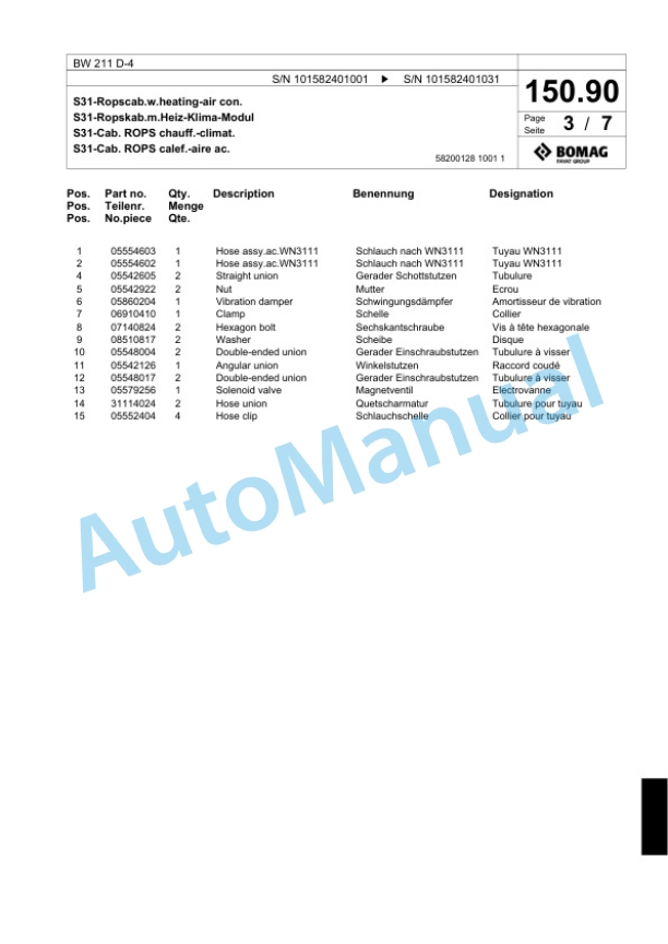 Bomag BW 211 D-4 Single Drum Wheel Drive Vibratory Roller Spare Parts Catalogue 00817951-5