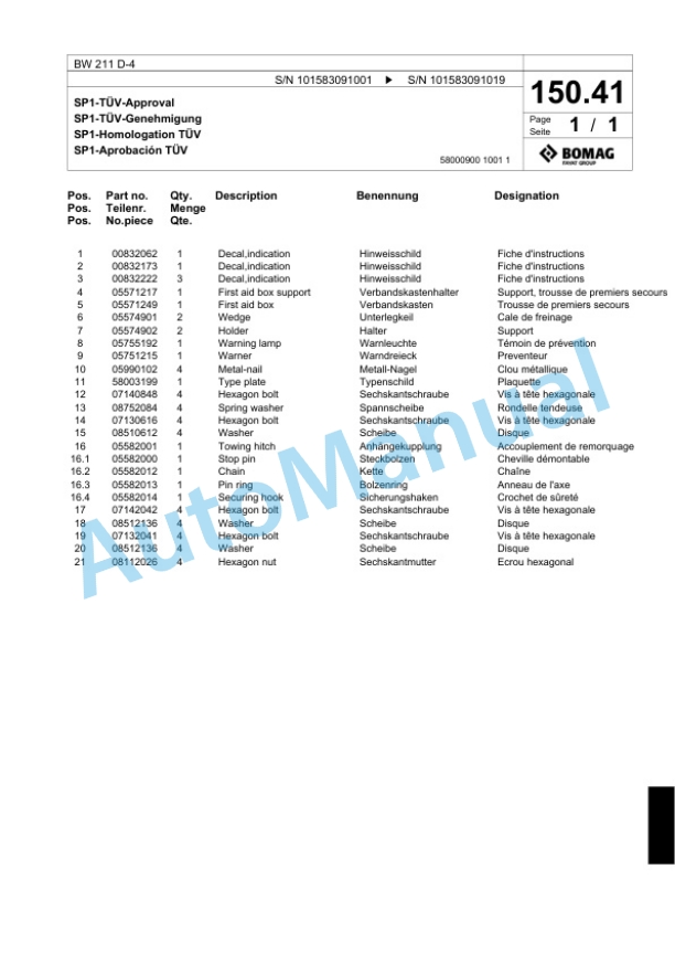 Bomag BW 211 D-4 Single Drum Wheel Drive Vibratory Roller Spare Parts Catalogue 00818127-4