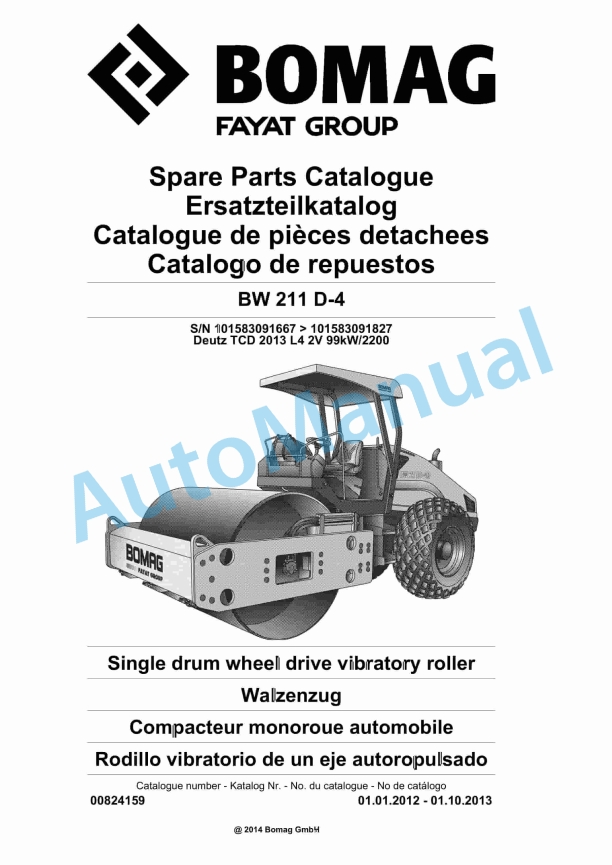 Bomag BW 211 D-4 Single Drum Wheel Drive Vibratory Roller Spare Parts Catalogue 00824159