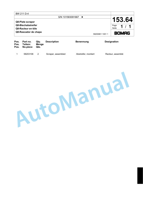 Bomag BW 211 D-4 Single Drum Wheel Drive Vibratory Roller Spare Parts Catalogue 00824159-4