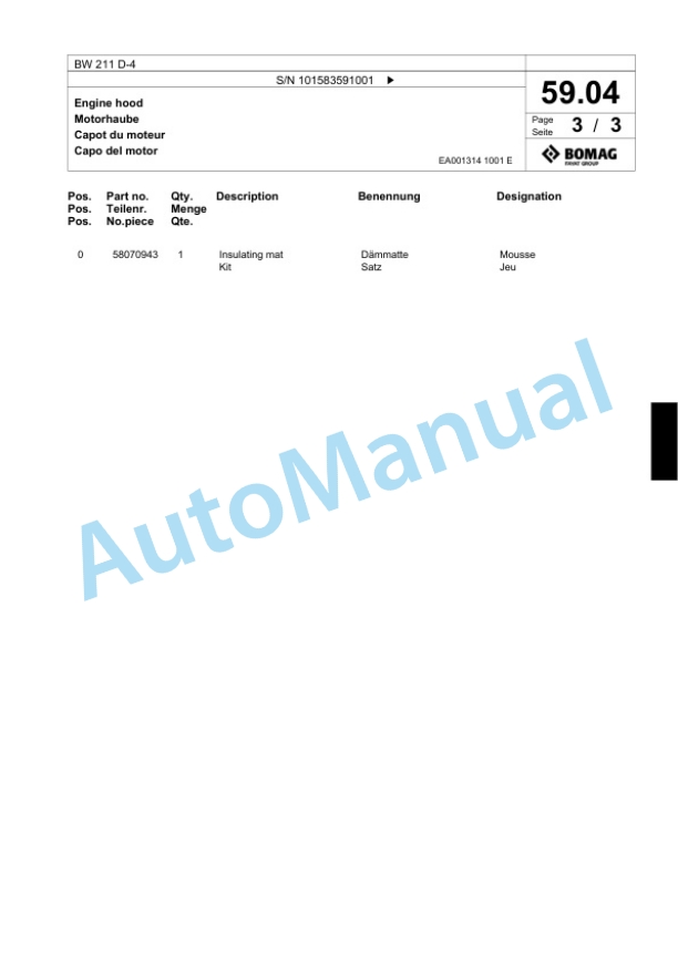 Bomag BW 211 D-4 Single Drum Wheel Drive Vibratory Roller Spare Parts Catalogue 00824389-2