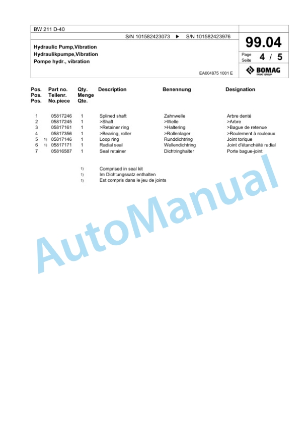 Bomag BW 211 D-40 Single Drum Wheel Drive Vibratory Roller Spare Parts Catalogue 00817941-2