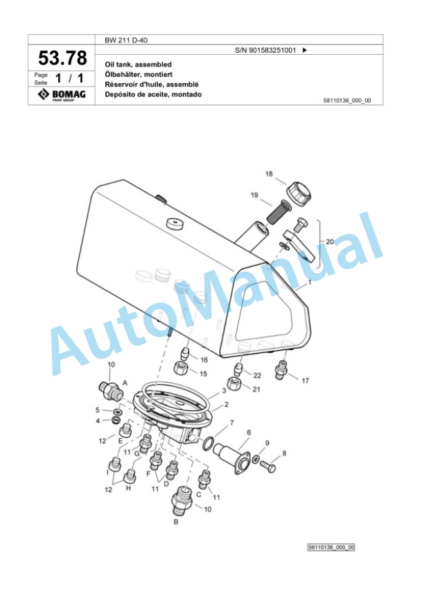 Bomag BW 211 D-40 Single Drum Wheel Drive Vibratory Roller Spare Parts Catalogue 00818129-2