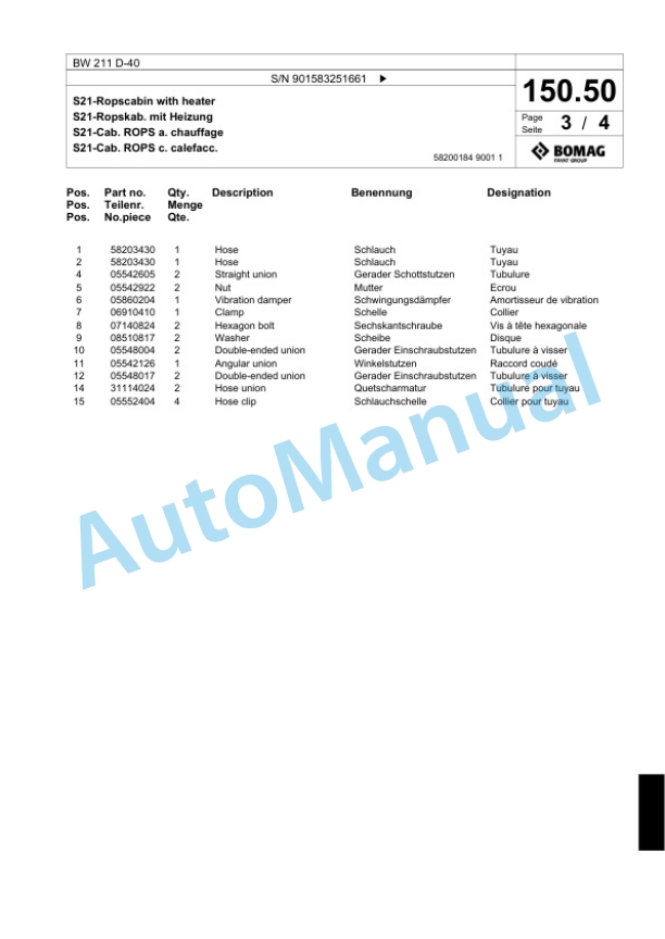 Bomag BW 211 D-40 Single Drum Wheel Drive Vibratory Roller Spare Parts Catalogue 00818129-5
