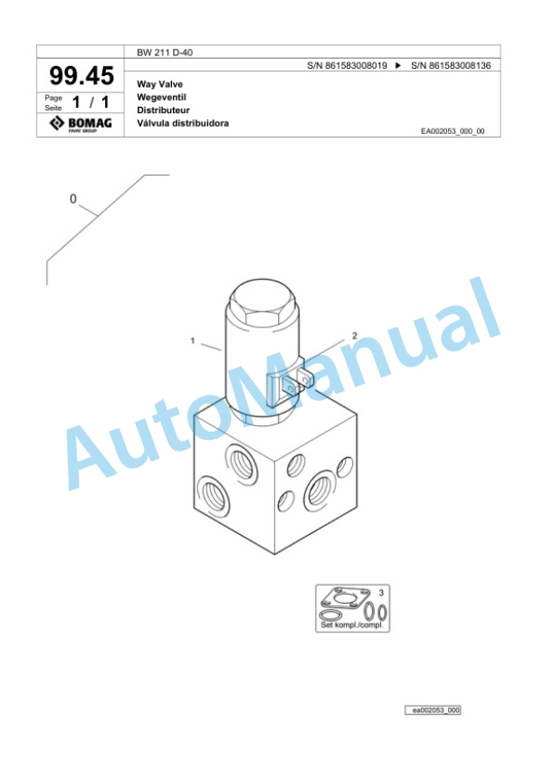 Bomag BW 211 D-40 Single Drum Wheel Drive Vibratory Roller Spare Parts Catalogue 00818371-4