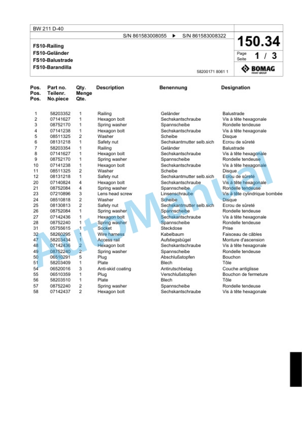 Bomag BW 211 D-40 Single Drum Wheel Drive Vibratory Roller Spare Parts Catalogue 00818371-5