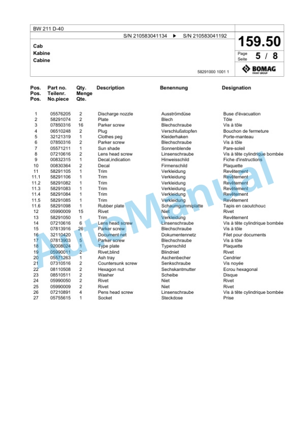 Bomag BW 211 D-40 Single Drum Wheel Drive Vibratory Roller Spare Parts Catalogue 00818391-5