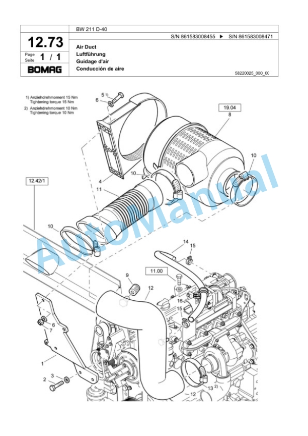Bomag BW 211 D-40 Single Drum Wheel Drive Vibratory Roller Spare Parts Catalogue 00818875-2