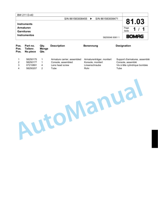 Bomag BW 211 D-40 Single Drum Wheel Drive Vibratory Roller Spare Parts Catalogue 00818875-3