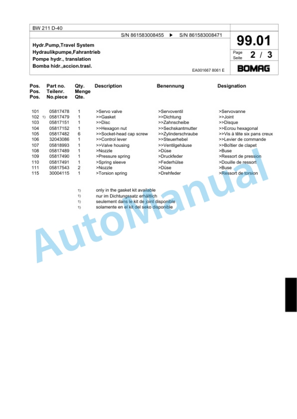 Bomag BW 211 D-40 Single Drum Wheel Drive Vibratory Roller Spare Parts Catalogue 00818875-4
