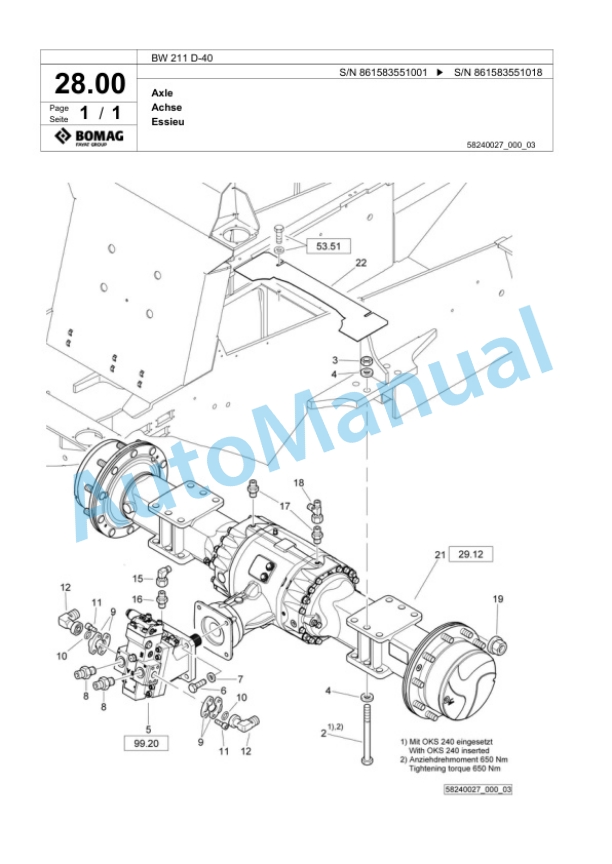 Bomag BW 211 D-40 Single Drum Wheel Drive Vibratory Roller Spare Parts Catalogue 00824269-2