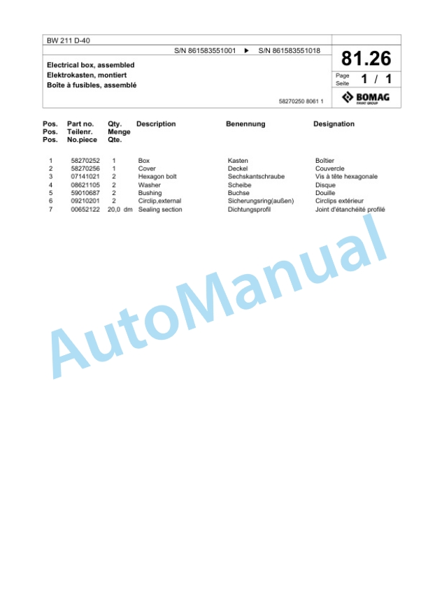 Bomag BW 211 D-40 Single Drum Wheel Drive Vibratory Roller Spare Parts Catalogue 00824269-3