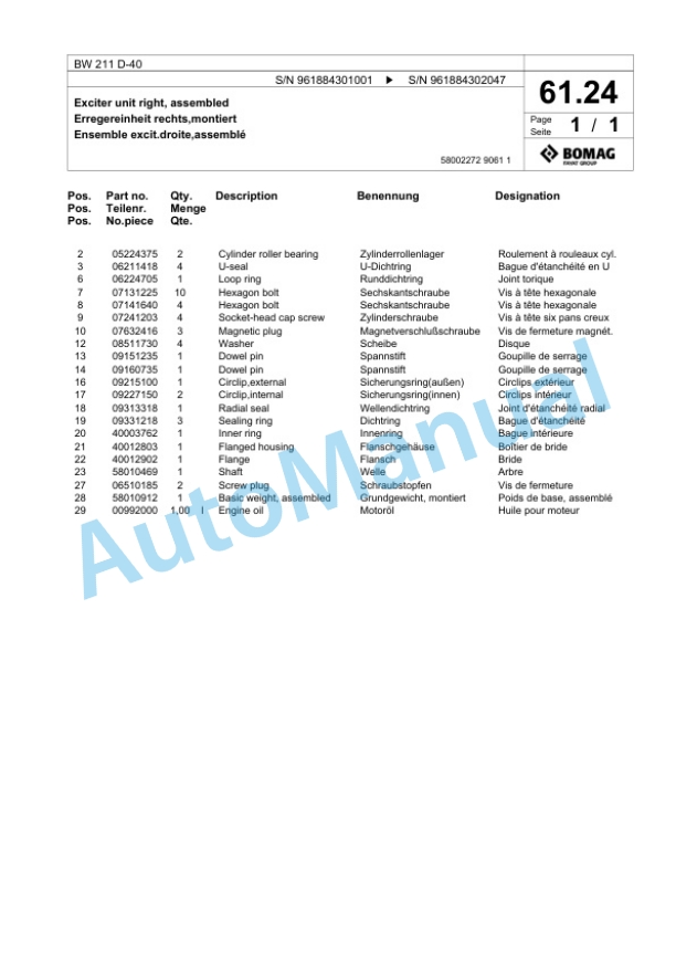 Bomag BW 211 D-40 Single Drum Wheel Drive Vibratory Roller Spare Parts Catalogue 00825955-2