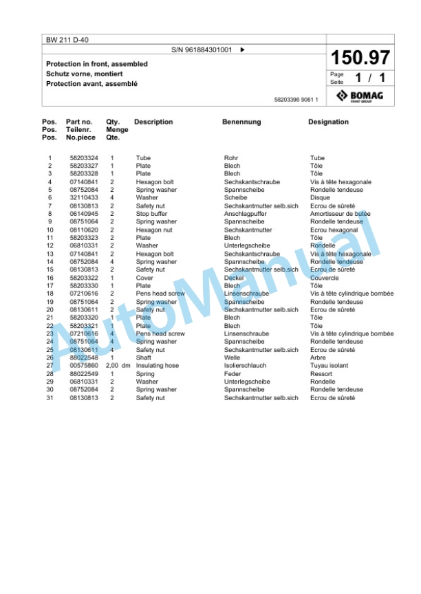 Bomag BW 211 D-40 Single Drum Wheel Drive Vibratory Roller Spare Parts Catalogue 00825955-4