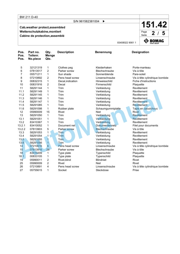 Bomag BW 211 D-40 Single Drum Wheel Drive Vibratory Roller Spare Parts Catalogue 00826369-3