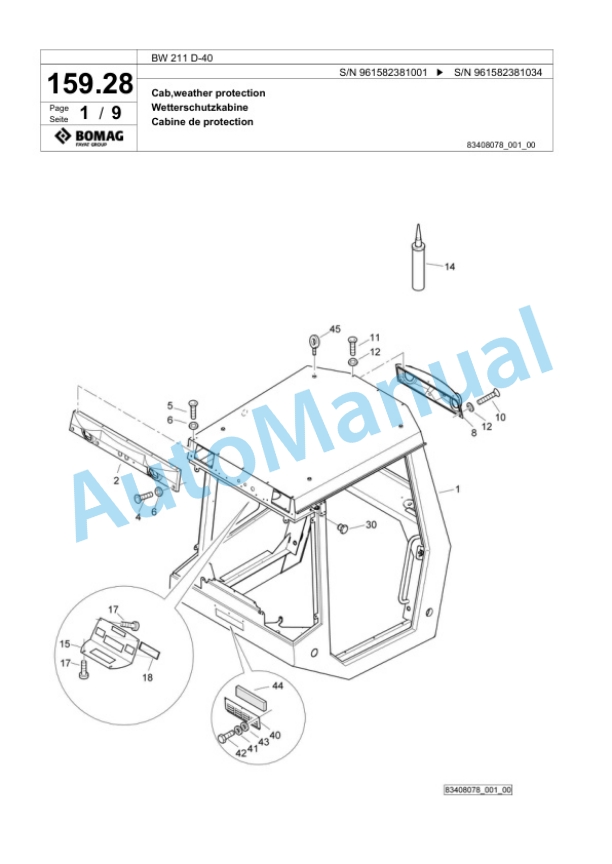 Bomag BW 211 D-40 Single Drum Wheel Drive Vibratory Roller Spare Parts Catalogue 00826369-4