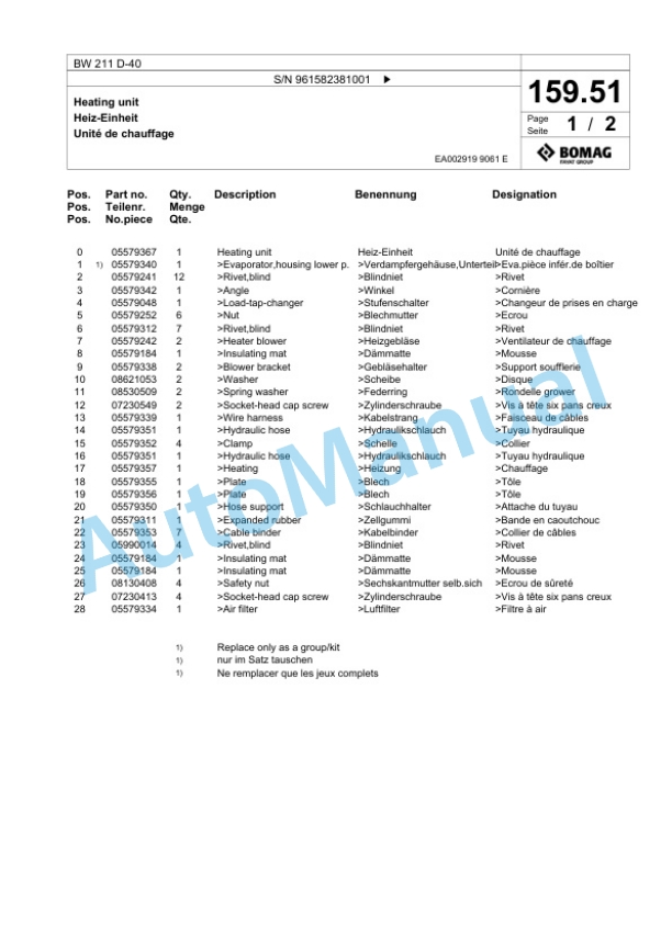 Bomag BW 211 D-40 Single Drum Wheel Drive Vibratory Roller Spare Parts Catalogue 00826369-5
