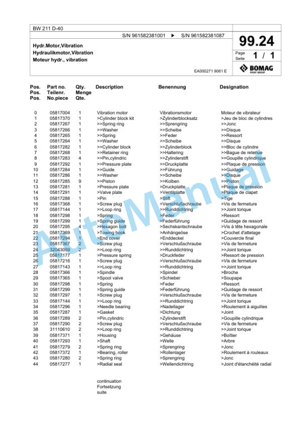 Bomag BW 211 D-40 Single Drum Wheel Drive Vibratory Roller Spare Parts Catalogue 00826699-2