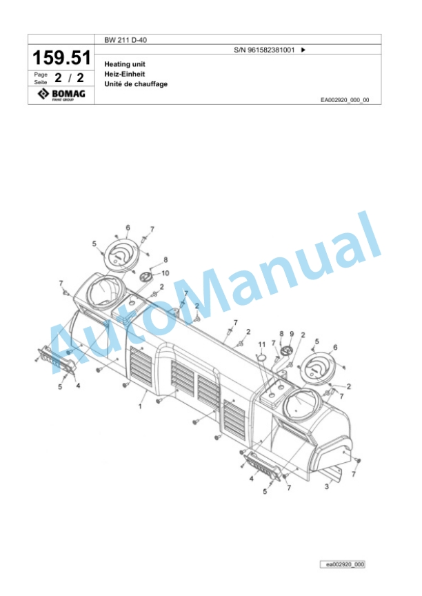 Bomag BW 211 D-40 Single Drum Wheel Drive Vibratory Roller Spare Parts Catalogue 00826699-5