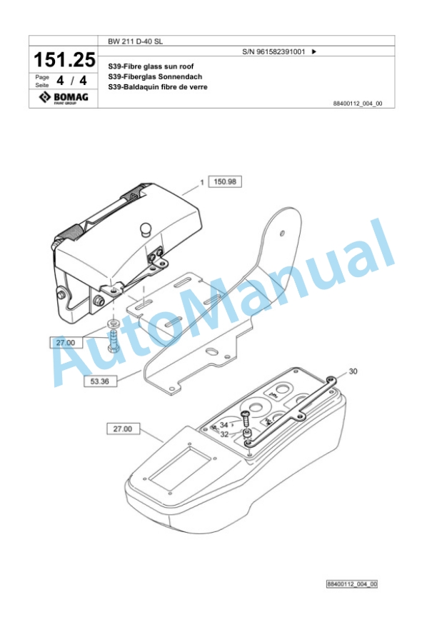 Bomag BW 211 D-40 SL Single Drum Wheel Drive Vibratory Roller Spare Parts Catalogue 00826549-3