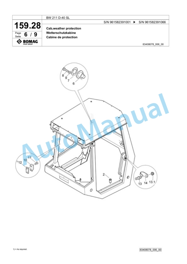 Bomag BW 211 D-40 SL Single Drum Wheel Drive Vibratory Roller Spare Parts Catalogue 00826549-5