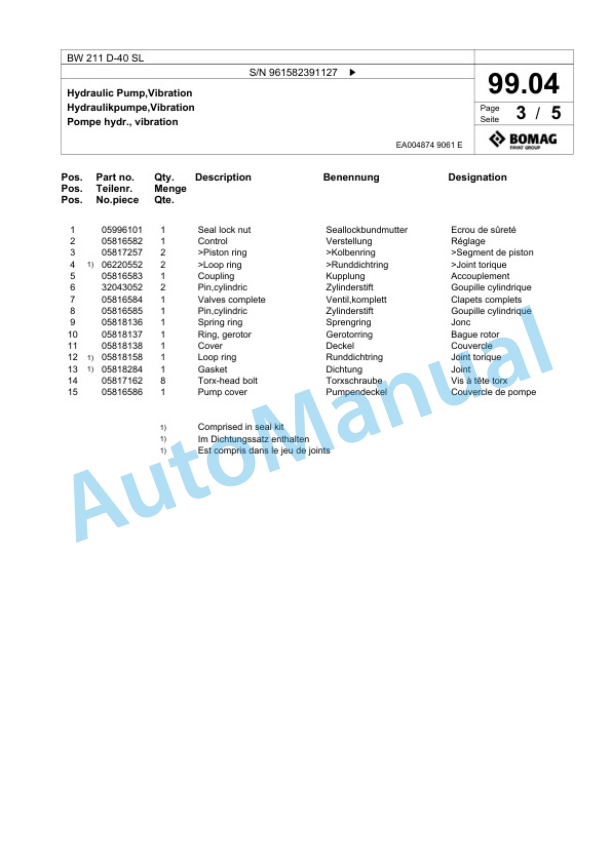 Bomag BW 211 D-40 SL Single Drum Wheel Drive Vibratory Roller Spare Parts Catalogue 00826701-2