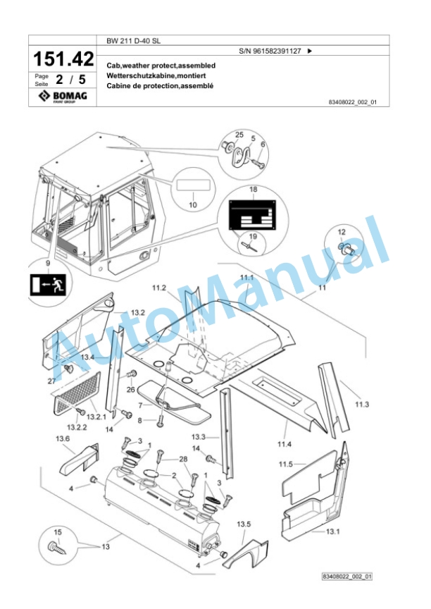 Bomag BW 211 D-40 SL Single Drum Wheel Drive Vibratory Roller Spare Parts Catalogue 00826701-3