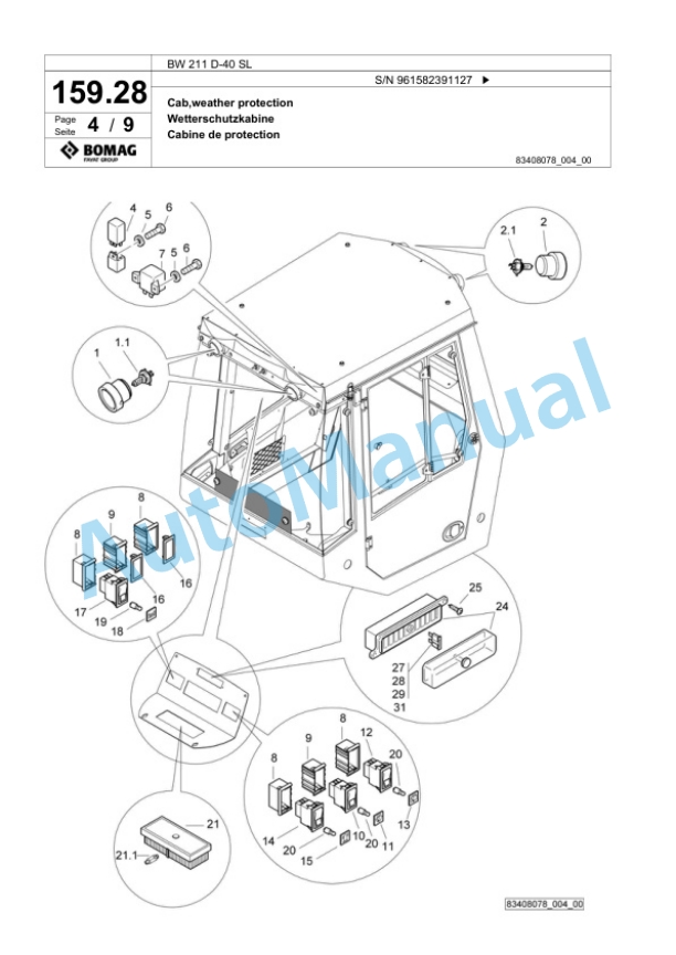 Bomag BW 211 D-40 SL Single Drum Wheel Drive Vibratory Roller Spare Parts Catalogue 00826701-4