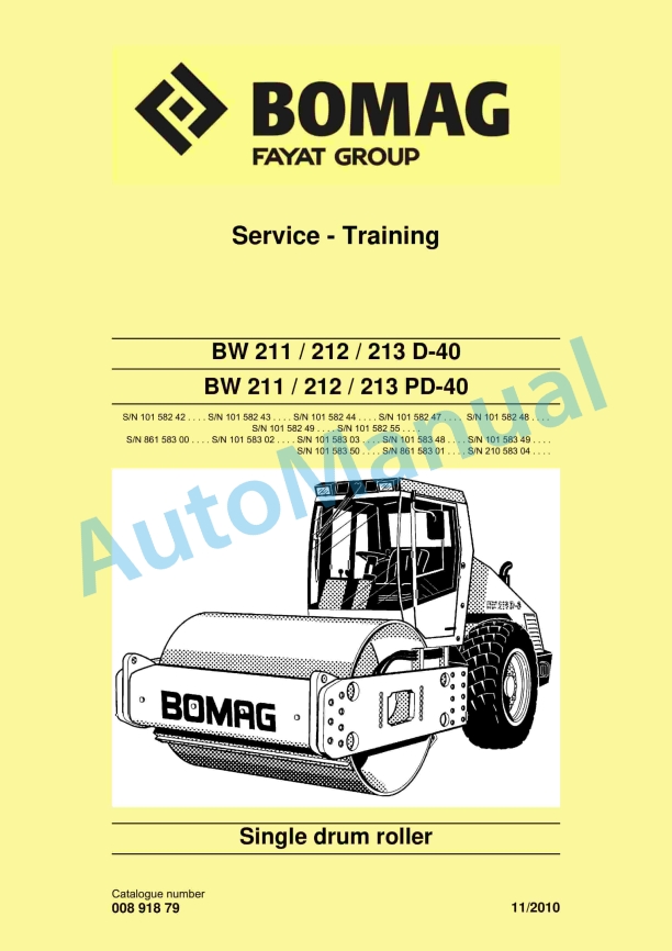 Bomag BW 211 D-40 to BW 213 PD-40 Single Drum Roller Service Training 00891879