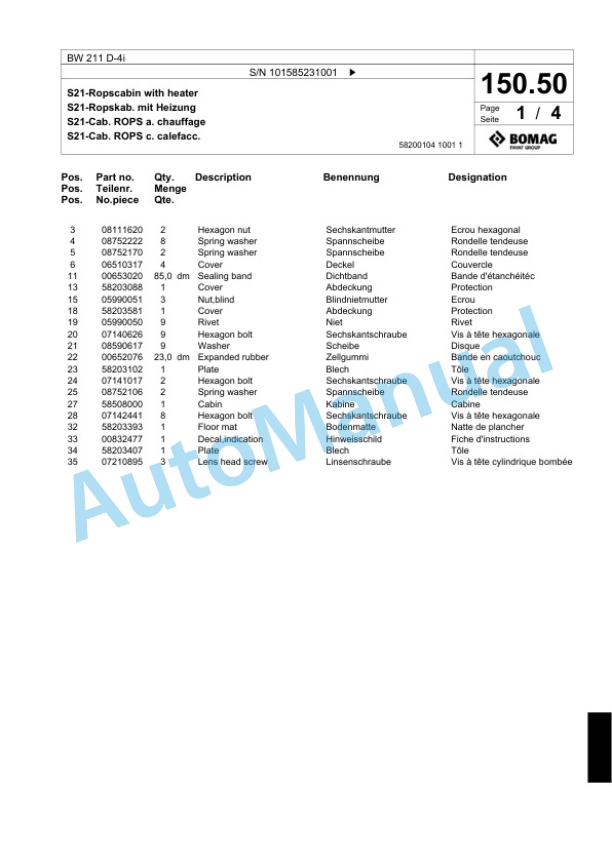 Bomag BW 211 D-4i Single Drum Wheel Drive Vibratory Roller Spare Parts Catalogue 00824667-3