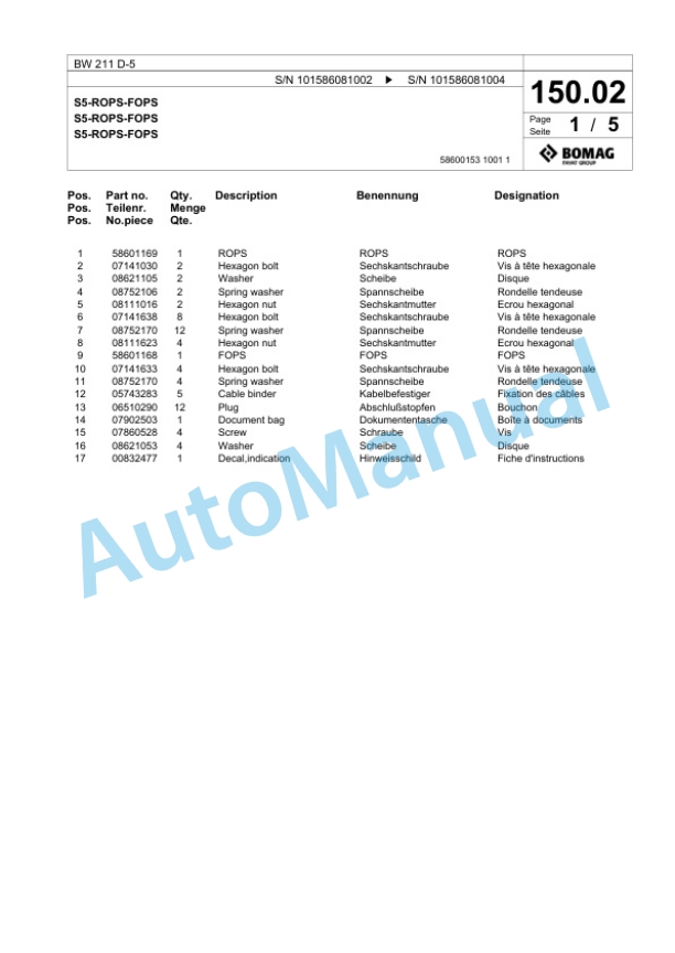 Bomag BW 211 D-5 Single Drum Wheel Drive Vibratory Roller Spare Parts Catalogue 00824571-3