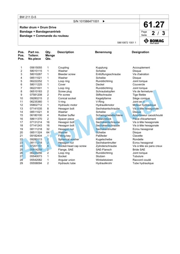 Bomag BW 211 D-5 Single Drum Wheel Drive Vibratory Roller Spare Parts Catalogue 00824859-2