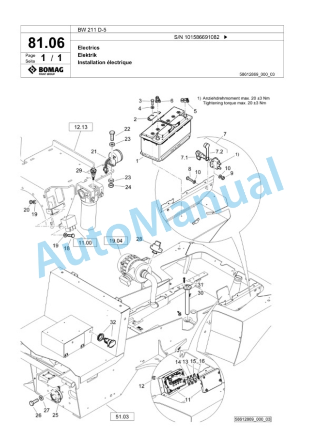 Bomag BW 211 D-5 Single Drum Wheel Drive Vibratory Roller Spare Parts Catalogue 00825241-2
