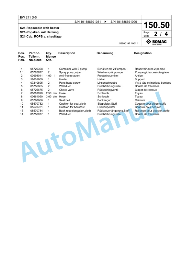 Bomag BW 211 D-5 Single Drum Wheel Drive Vibratory Roller Spare Parts Catalogue 00825241-3