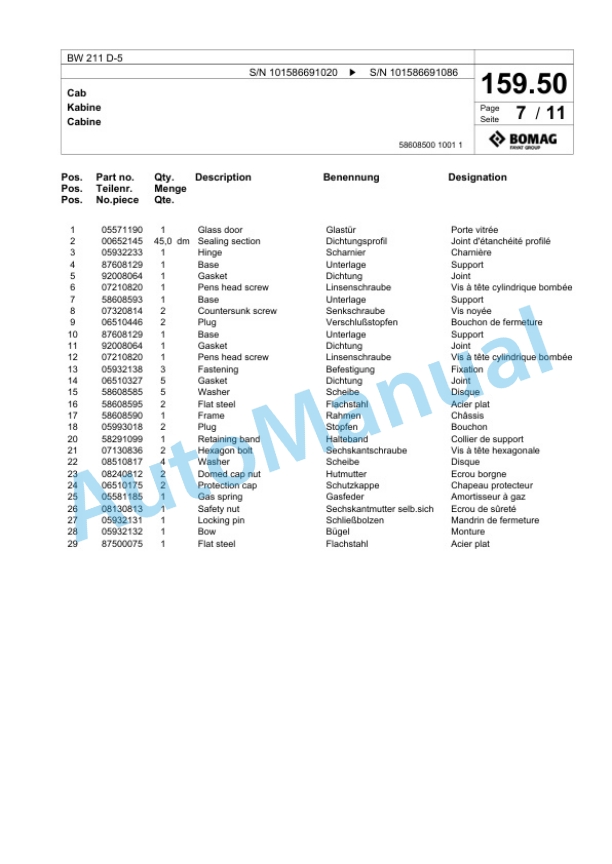 Bomag BW 211 D-5 Single Drum Wheel Drive Vibratory Roller Spare Parts Catalogue 00825241-5