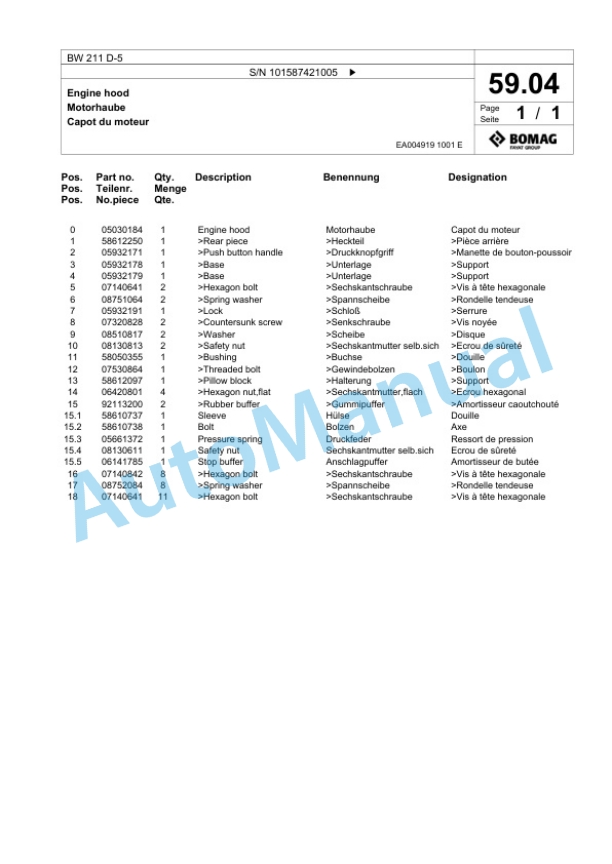 Bomag BW 211 D-5 Single Drum Wheel Drive Vibratory Roller Spare Parts Catalogue 00826261-2