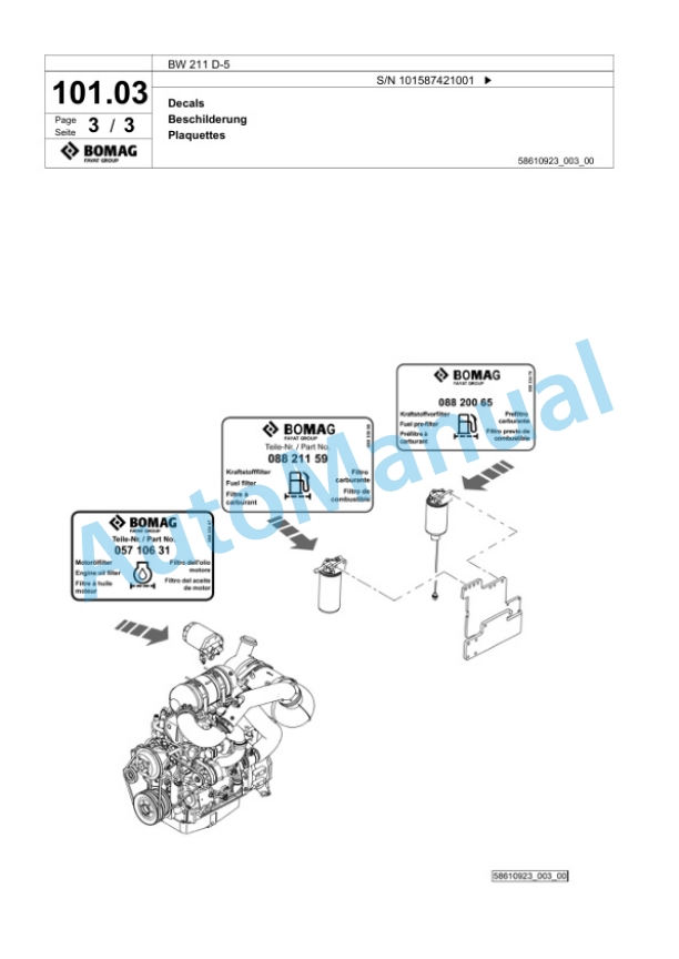 Bomag BW 211 D-5 Single Drum Wheel Drive Vibratory Roller Spare Parts Catalogue 00826261-3
