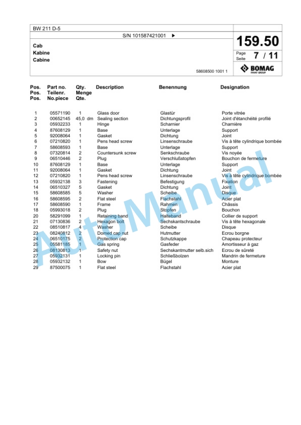 Bomag BW 211 D-5 Single Drum Wheel Drive Vibratory Roller Spare Parts Catalogue 00826261-5