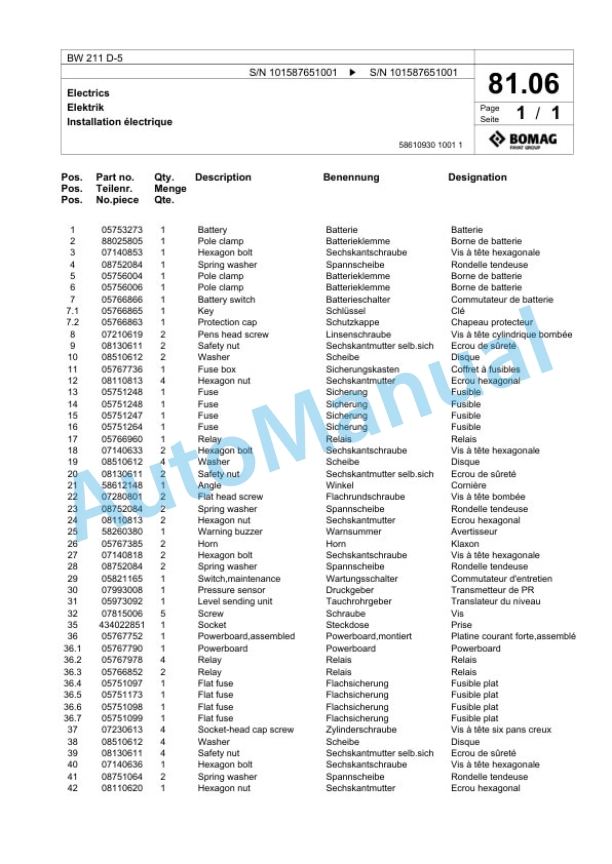 Bomag BW 211 D-5 Single Drum Wheel Drive Vibratory Roller Spare Parts Catalogue 00826575-2