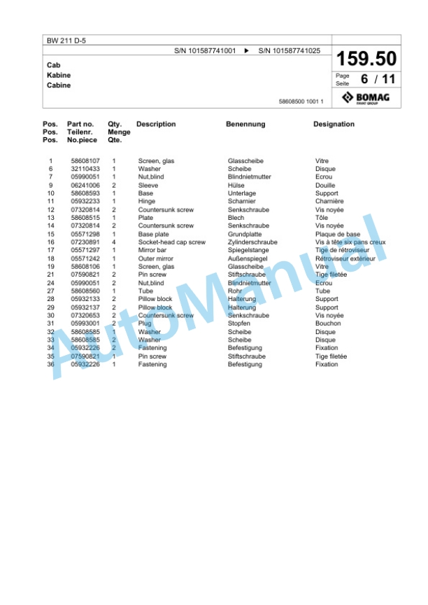 Bomag BW 211 D-5 Single Drum Wheel Drive Vibratory Roller Spare Parts Catalogue 00826719-5