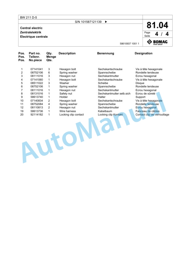 Bomag BW 211 D-5 Single Drum Wheel Drive Vibratory Roller Spare Parts Catalogue 00826903-2