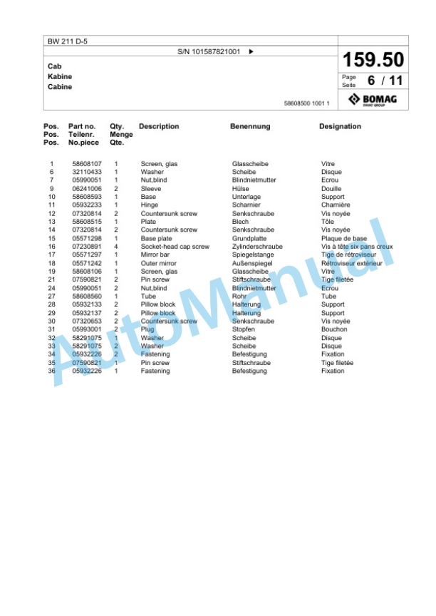Bomag BW 211 D-5 Single Drum Wheel Drive Vibratory Roller Spare Parts Catalogue 00826927-5
