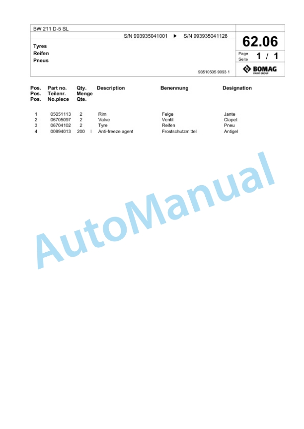 Bomag BW 211 D-5 SL Single-Drum Vibration Roller Spare Parts Catalogue 00827025-2