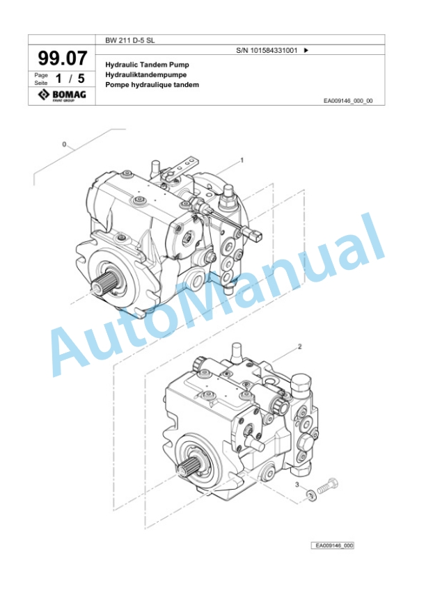 Bomag BW 211 D-5 SL Single Drum Wheel Drive Vibratory Roller Spare Parts Catalogue 00826379-3