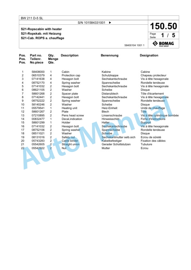 Bomag BW 211 D-5 SL Single Drum Wheel Drive Vibratory Roller Spare Parts Catalogue 00826379-4