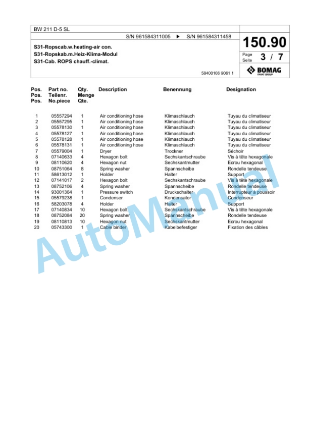 Bomag BW 211 D-5 SL Single Drum Wheel Drive Vibratory Roller Spare Parts Catalogue 00826703-4