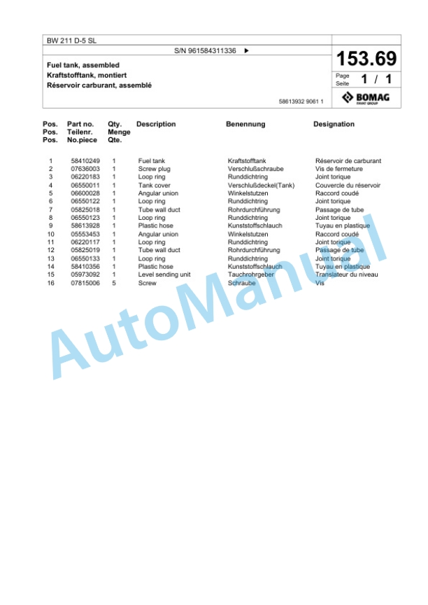 Bomag BW 211 D-5 SL Single Drum Wheel Drive Vibratory Roller Spare Parts Catalogue 00826703-5