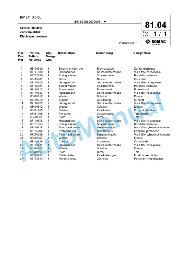 Bomag BW 211 D-5 SL Single Drum Wheel Drive Vibratory Roller Spare Parts Catalogue 00826855-2